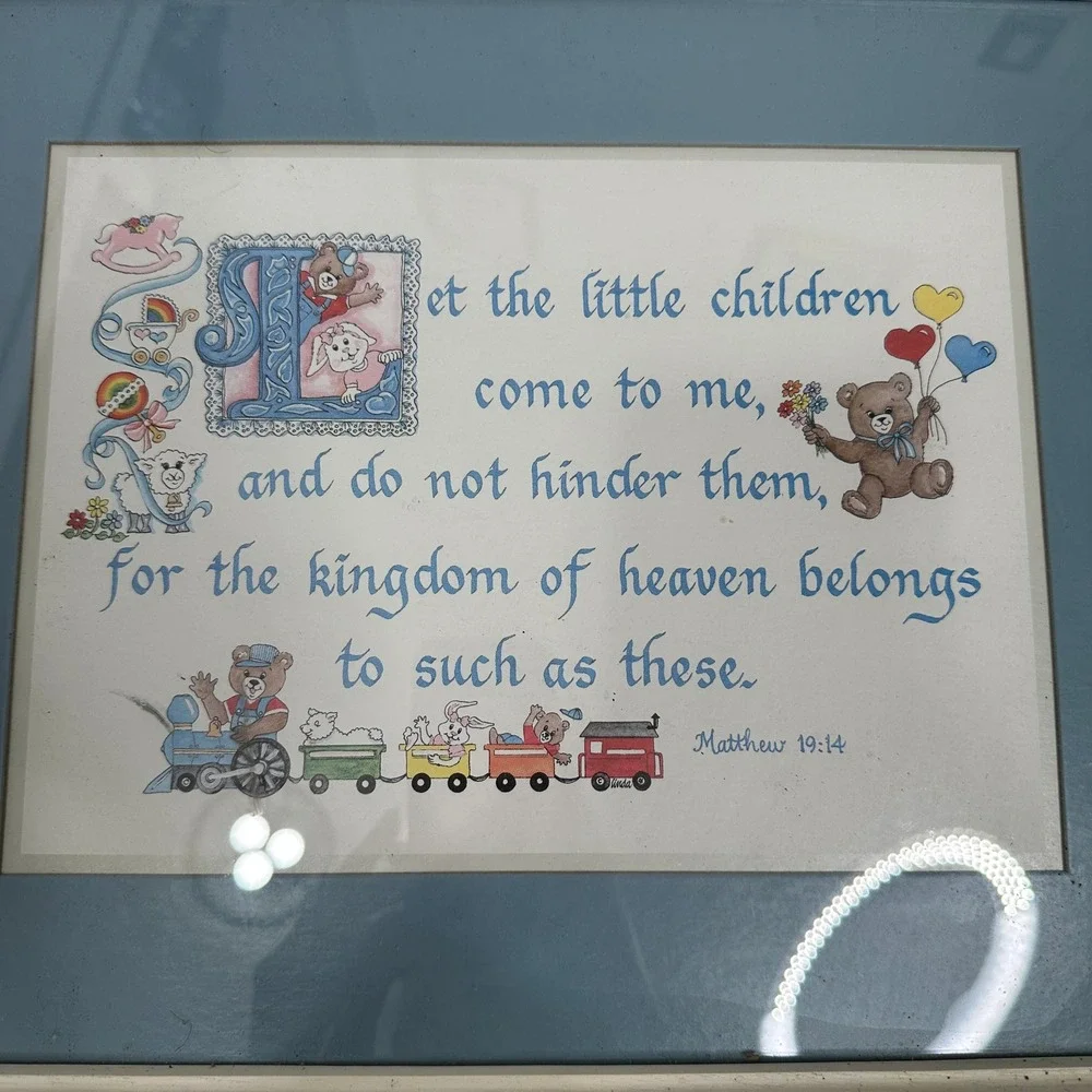 Framed Matthew 19:14 Bible Verse Nursery Wall‎ Art Teddy Bear Train Blue Cream
